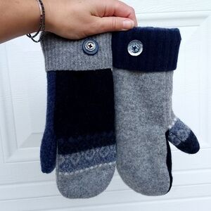 Handmade Cozy Two-Tone Mittens with Button Detail Wool Blend Fleece Lined
